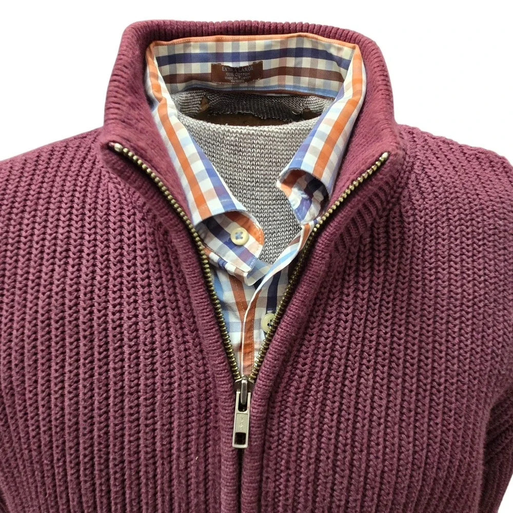 Vtg 90s LL Bean Full Zip Chunky Knit Ribbed Cotton Sweater Burgundy Men's L MINT